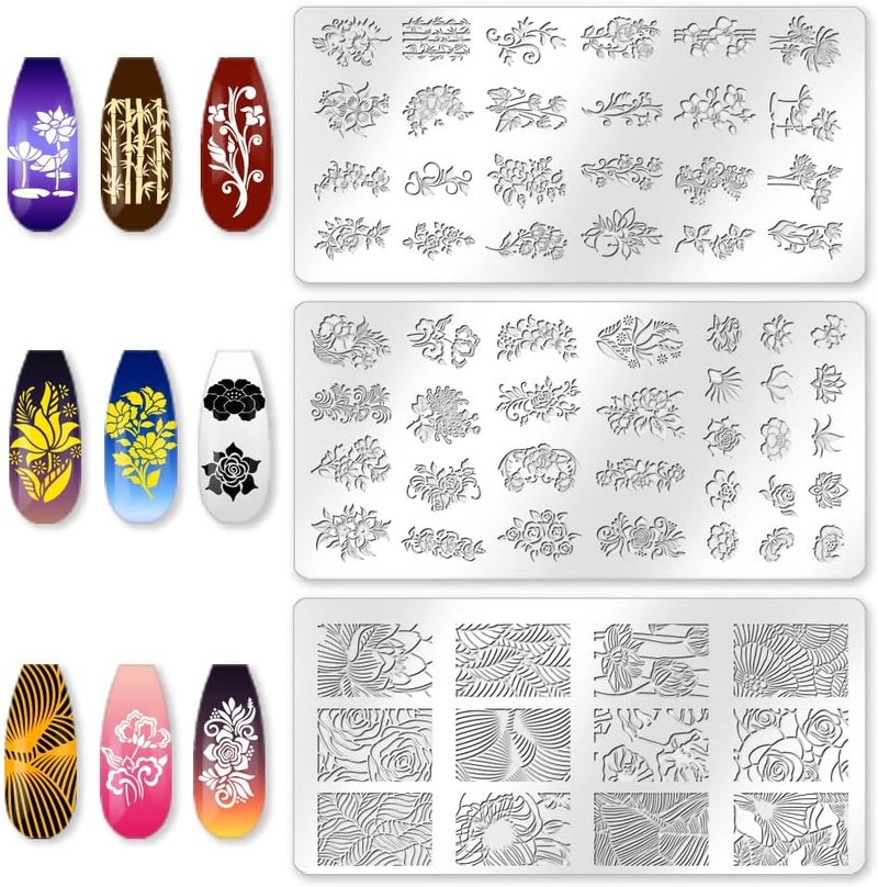 beinkmake 3Pcs Vintage Floral Nail Stamping Plate Set Flower Leaves Bamboo Nail Stamp Templates French Line Tip Nail Stamp Plates Rose Metal Reusable Tools with Stamper Scraper for Manicure Printing - Image 3